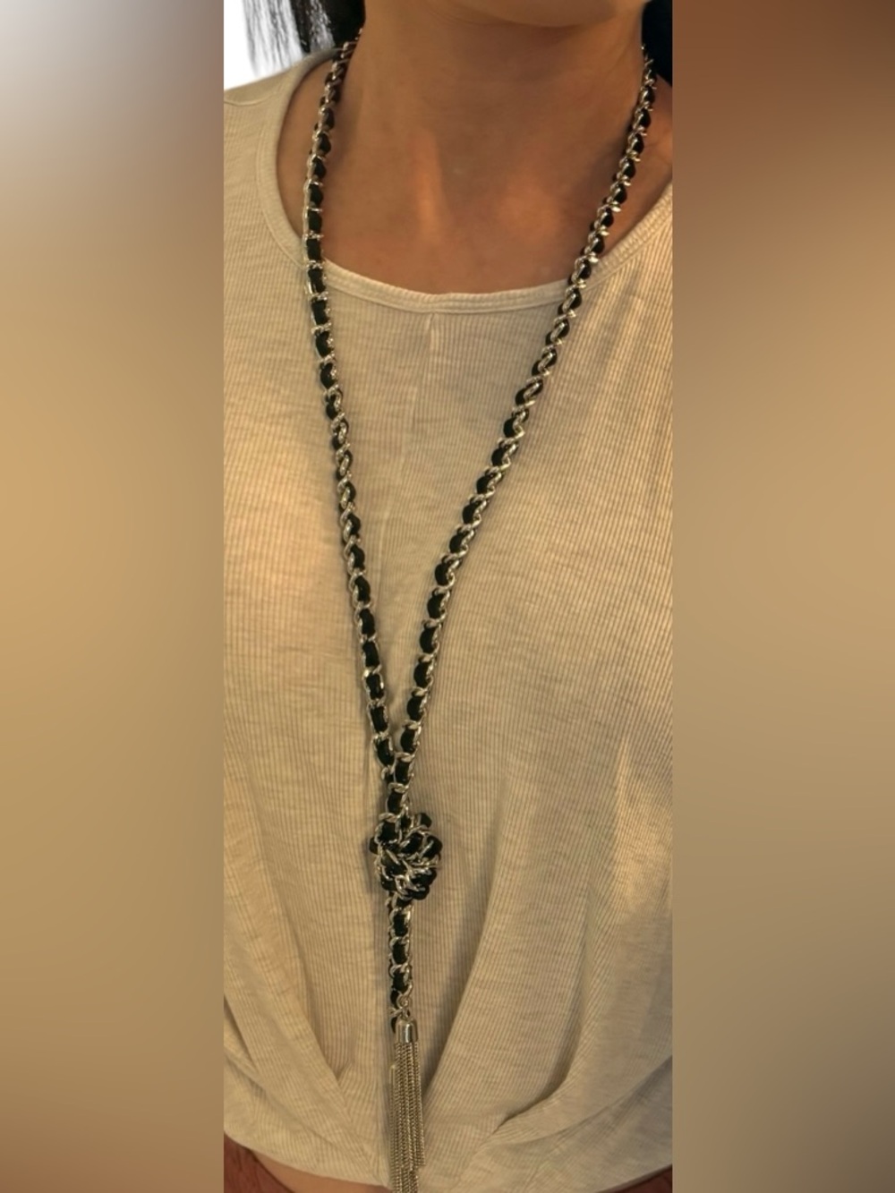 Guess Black and Silver Chain-Link Knot Lariat Necklace